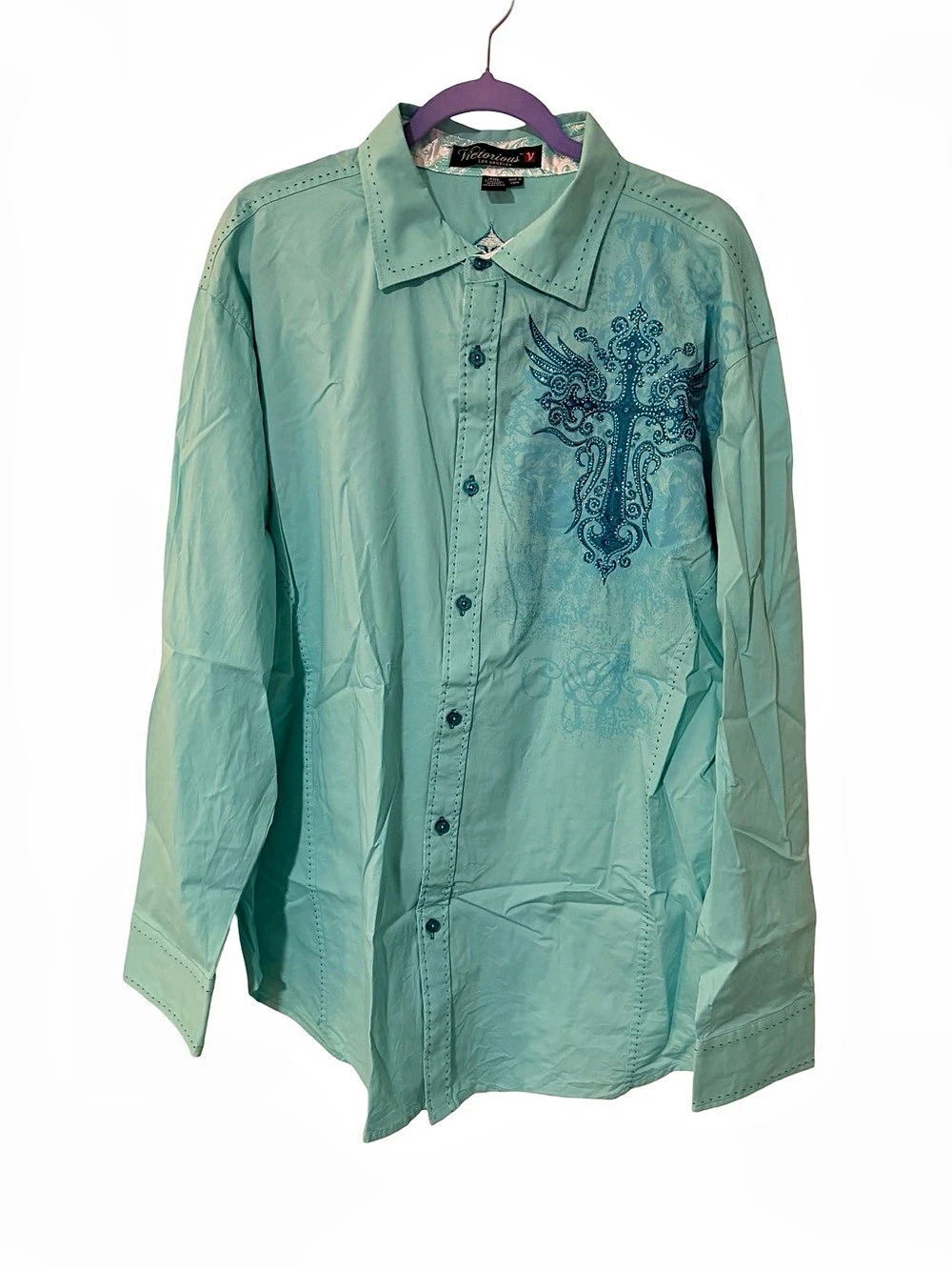Victorious Los Angeles Long Sleeve Button-Down Cross Embroidered Shirt